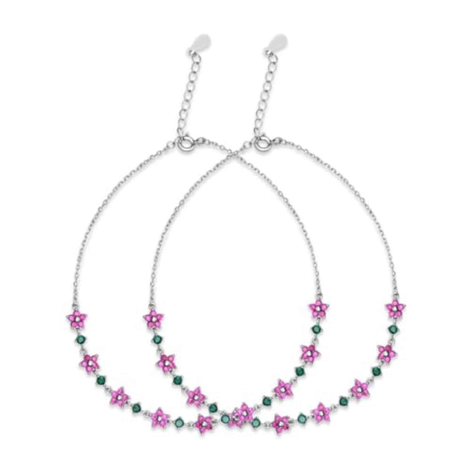 Women's 925 Sterling Silver Colorful Floral Anklet Pair, Gift